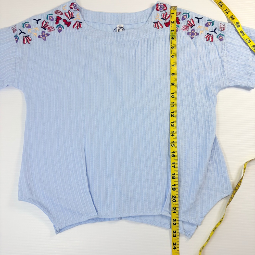Embroidered Flower Shoulder Top Blue Ribbed Short Sleeve Boho Blouse Soft Girl - Picture 7 of 9